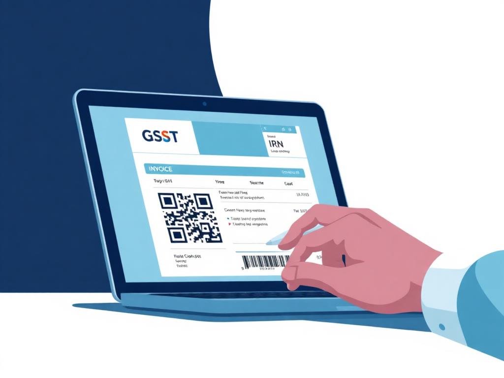 GST e-invoice with IRN and QR code displayed on a laptop screen