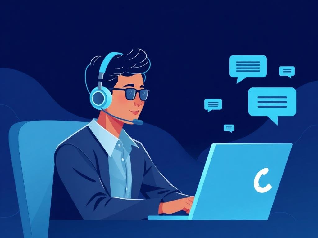 Support engineer with a headset assisting a customer at a helpdesk
