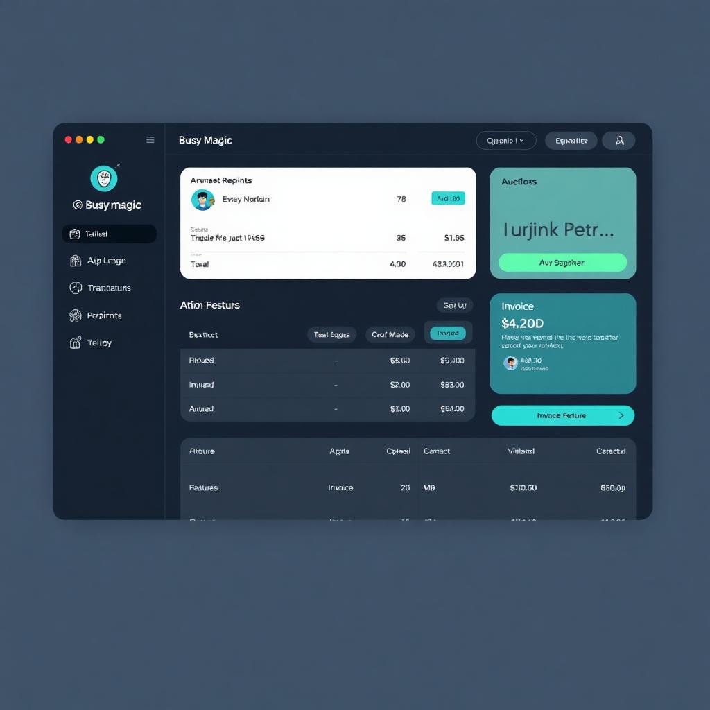 Busy Magic Software interface preview showing AI-powered invoicing